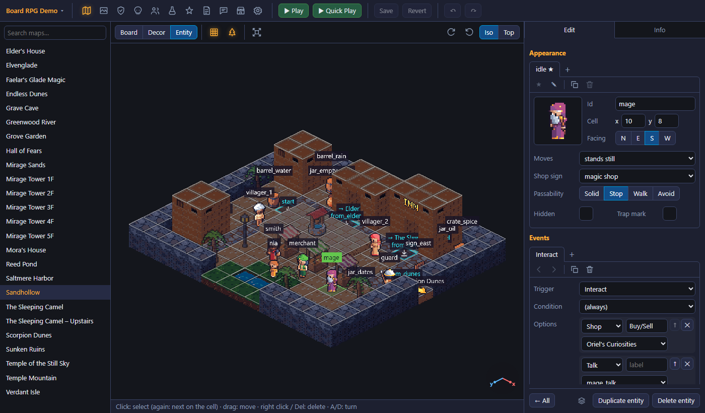 The editor: a village map with its villagers, shops and exits; a villager's appearance and events on the right
