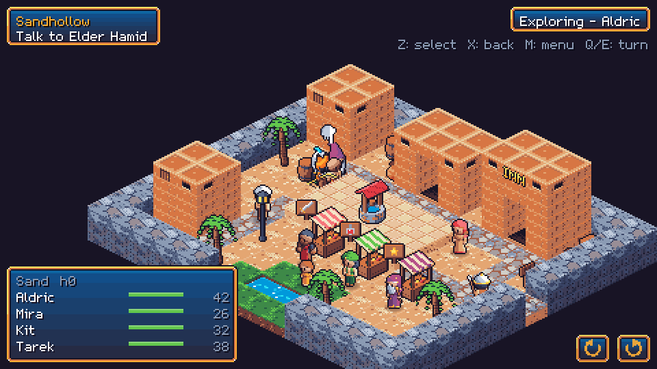 The demo: the party in the desert village of Sandhollow